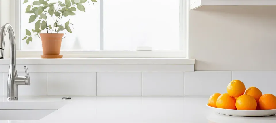 photo of a white four-inch backsplash above a kitchen sink and counter